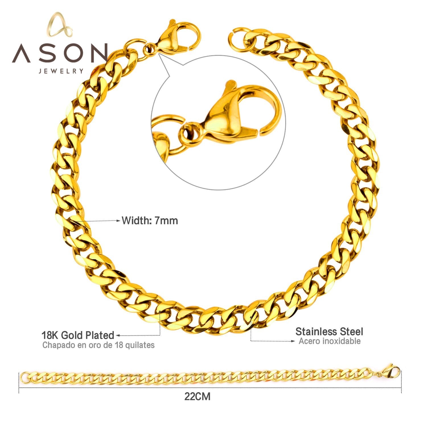 ASON Fashion Gold Color 7mm Stainless Steel Link Cuban Chain Bracelets Bangle for Men Women Party Gift Wholesale Jewelry asonjewelry