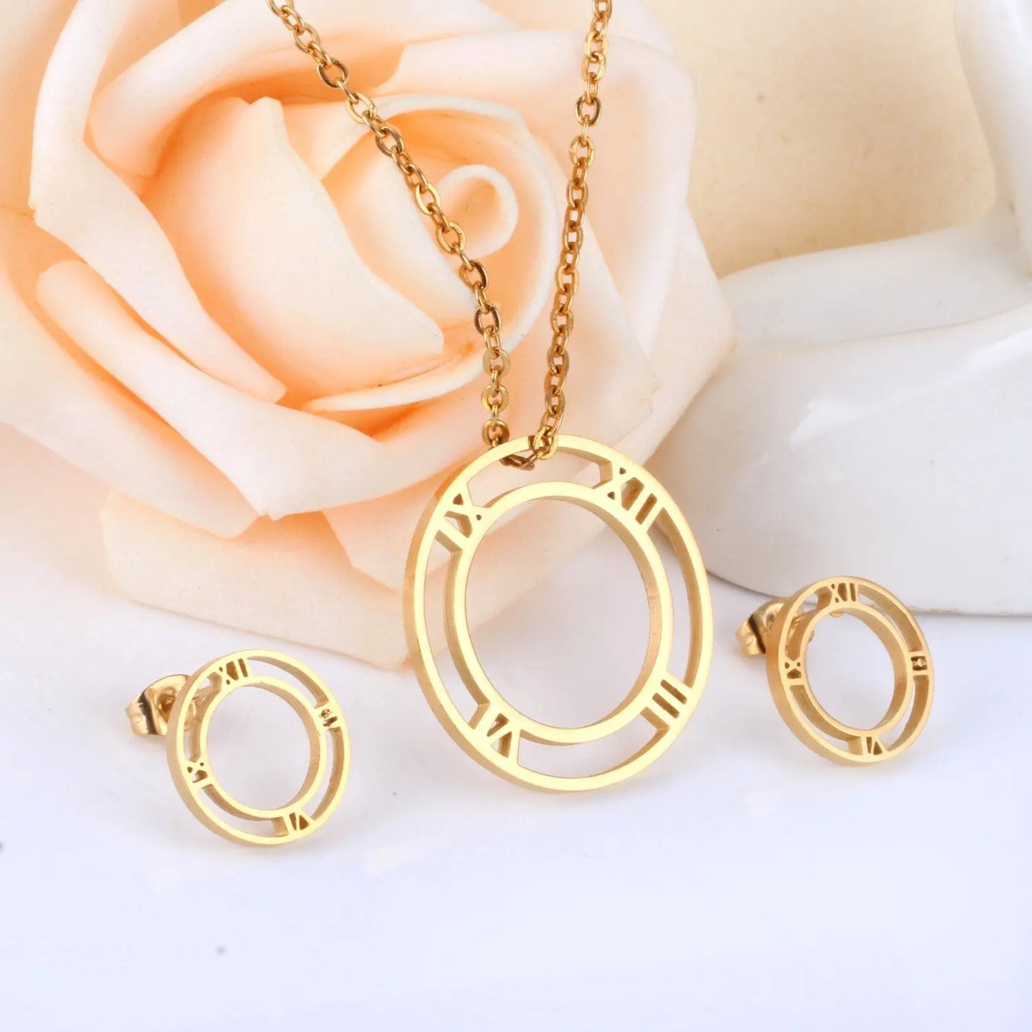 Hot Selling Roman numerals Necklace Earring Set Made By Stainless Steel Jewelry For Christmas Gift asonjewelry