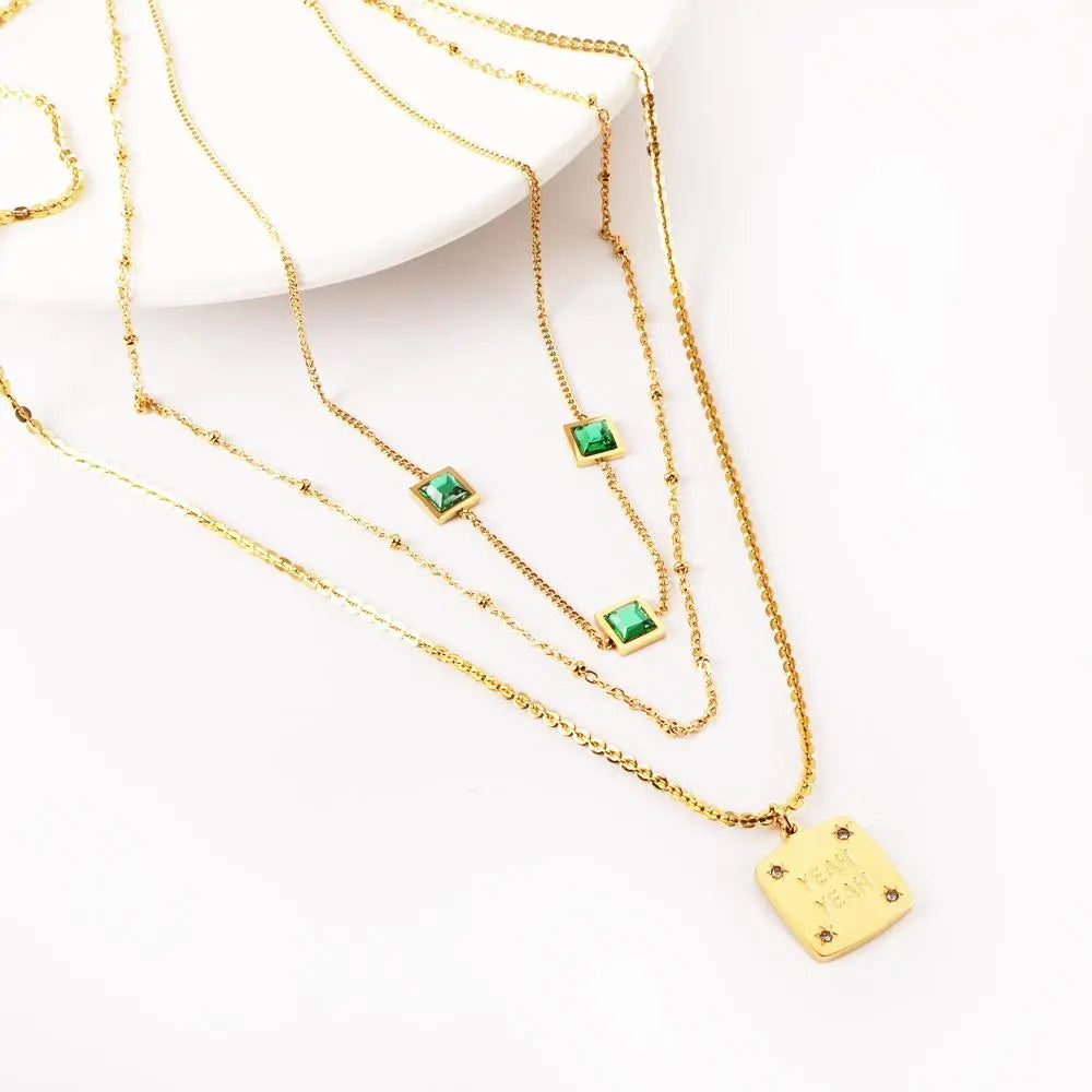 Green AAA Zirconia Collier For Woman Party Luxury Decor  Fairy Aesthetic Triple Chain Necklaces Multilayer Choker asonjewelry