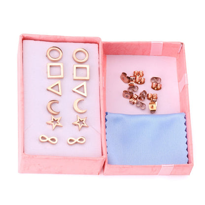 ASON Rose Gold Earrings Round Square Triangle Star Moon 6Pairs/box Girl Earrings Stainless Steel Weekend Jewelry Friend asonjewelry