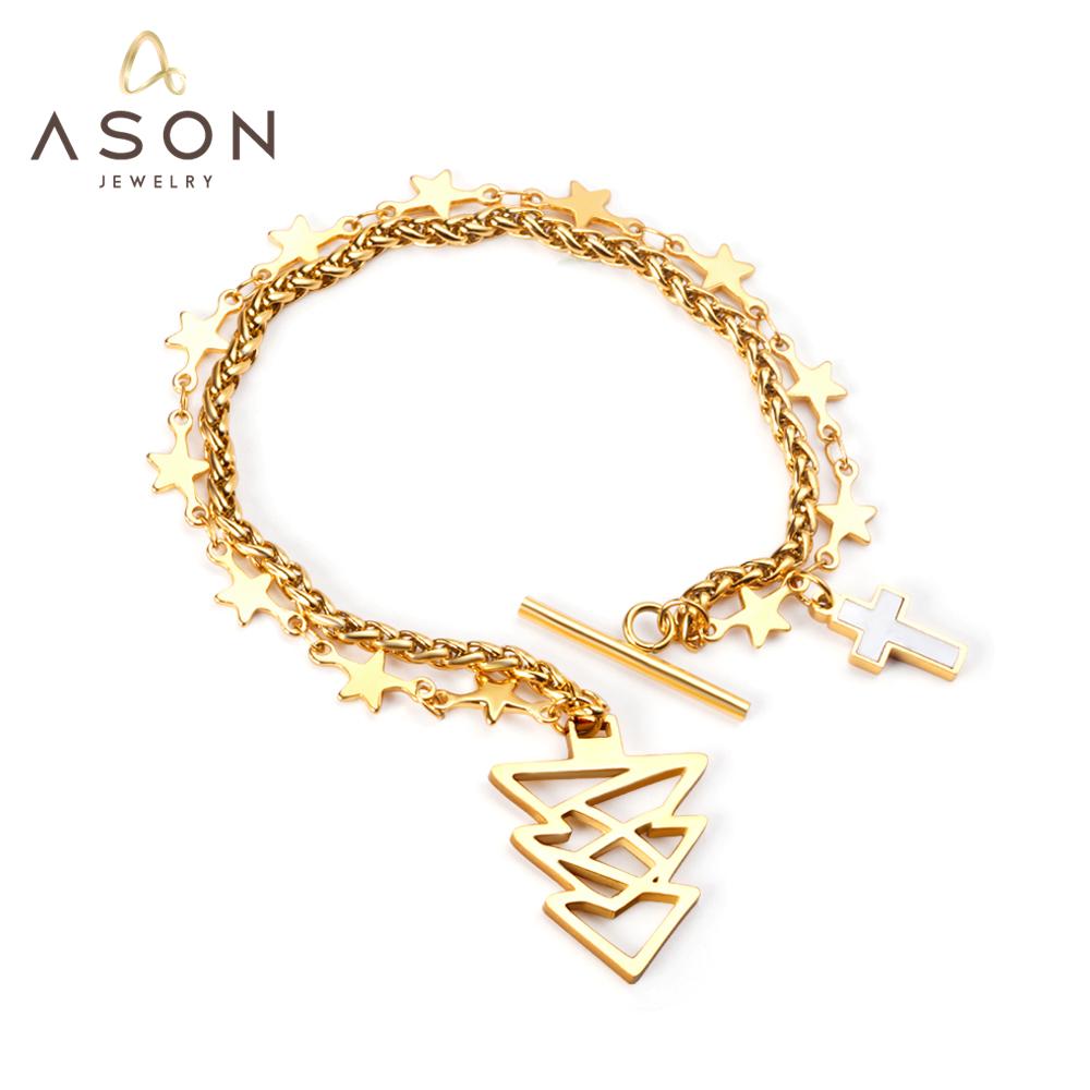 ASON Gold Color Star with Cross Charm Bracelets Stainless Steel Tree Pendant Link Bangles for Women Christmas Gift Jewelry asonjewelry
