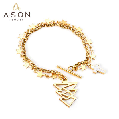 ASON Gold Color Star with Cross Charm Bracelets Stainless Steel Tree Pendant Link Bangles for Women Christmas Gift Jewelry asonjewelry