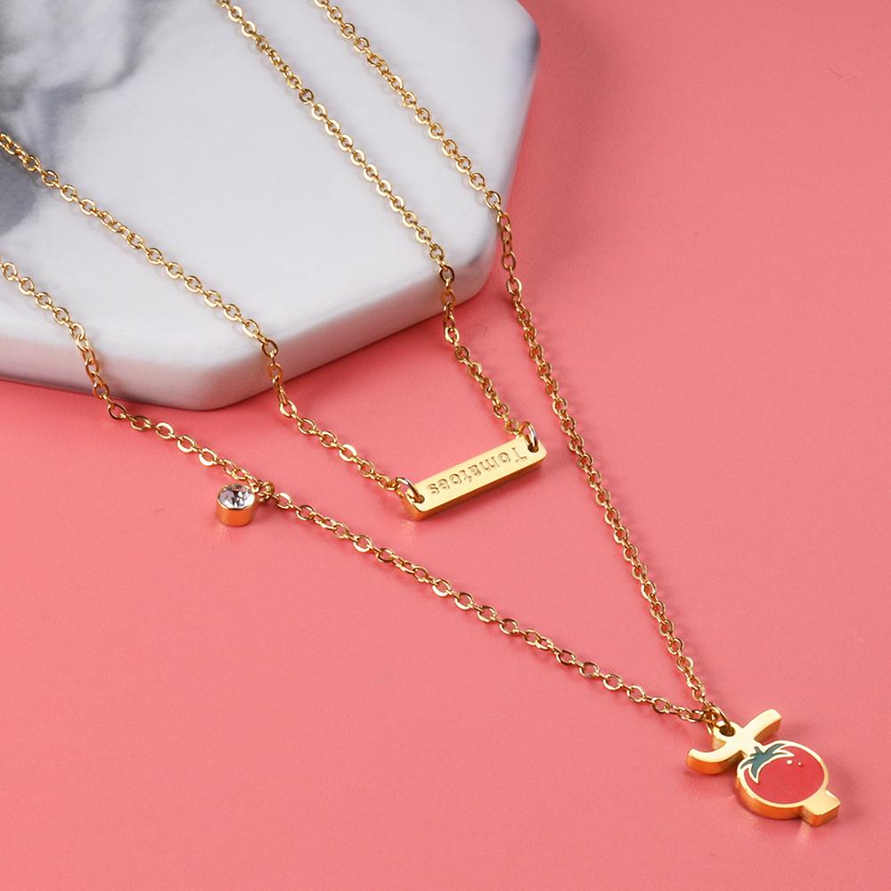 ASON Tomato Pendant Multi Layer Necklace Gold Color Stainless Steel Chain with Cubic Zirconia for Women Girl Fashion Gift asonjewelry