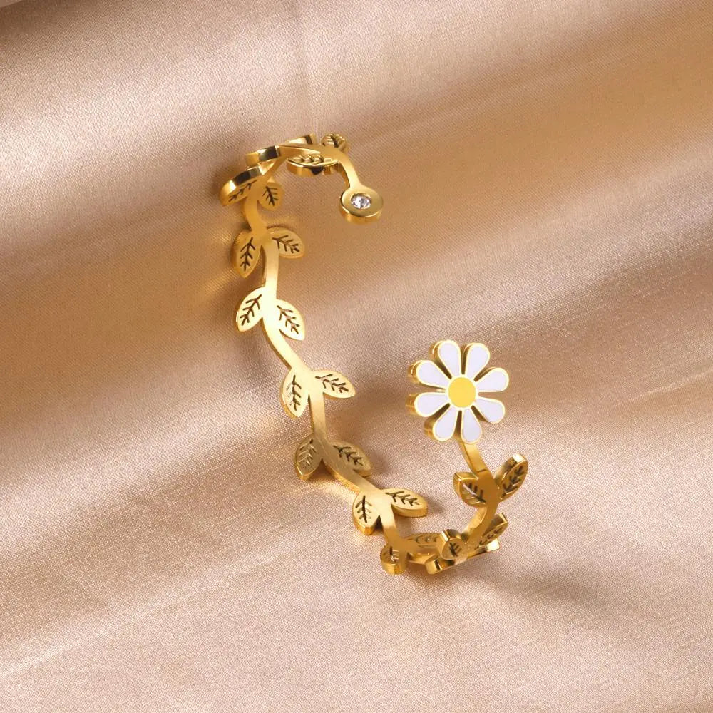 Daisy Cuff Bangles Gold Color Plant Boho Opening Bracelets For Elegant Ladies Fairy Girls Jewelry pulseiras feminin asonjewelry