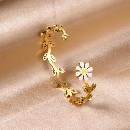 Daisy Cuff Bangles Gold Color Plant Boho Opening Bracelets For Elegant Ladies Fairy Girls Jewelry pulseiras feminin asonjewelry