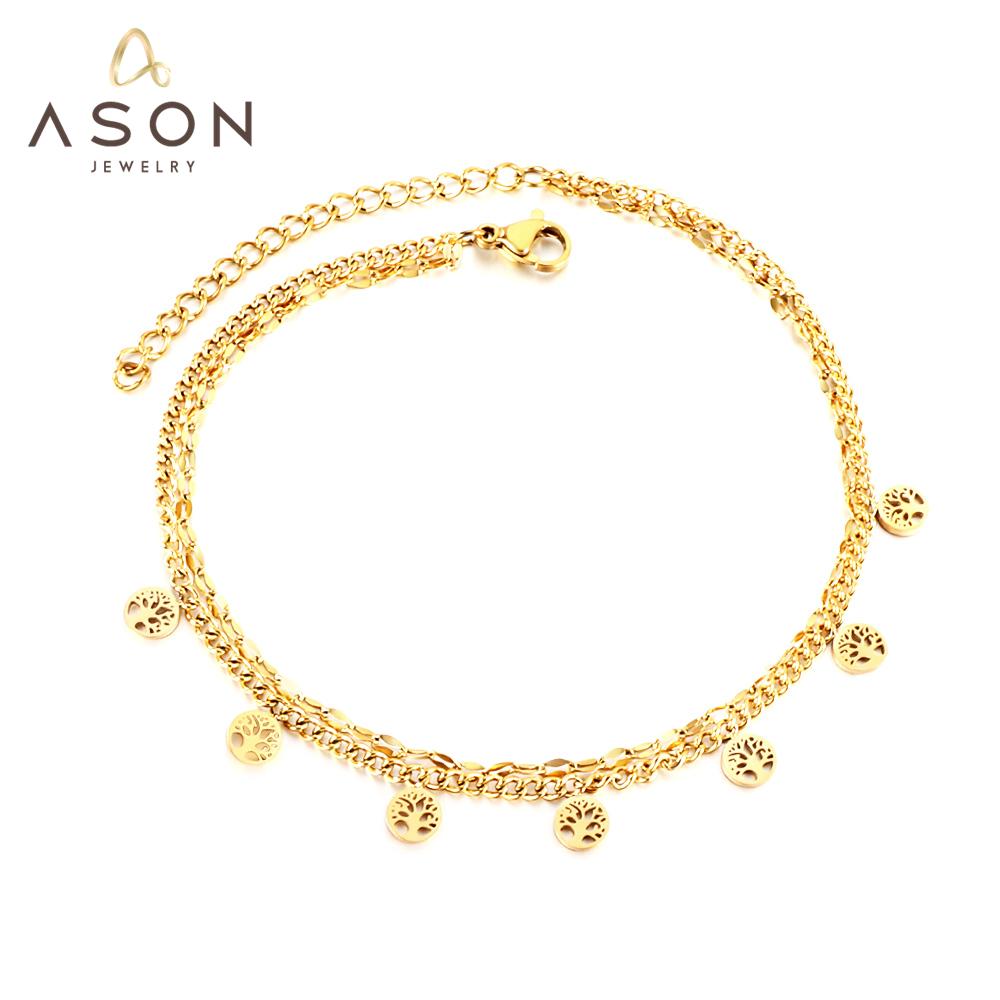 ASON Trendy Round Hollow Out Tree Accessories Multi-layer Chain Anklet Gold Color Stainless Steel For Women Fashion Jewelry asonjewelry