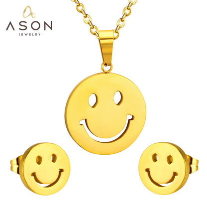 ASON Smile Face Jewelry Set Stainless Steel Pendant Necklace Small Piercing Stud Earrings Gold Color Fashion Party Gift asonjewelry