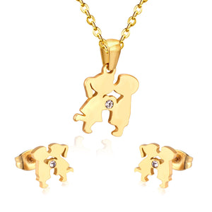 Stainless Steel Dubai Wedding Jewelry Sets KISS Crystal Cute Boy Girl Necklace Earrings Jewellery Sets Gold Color
