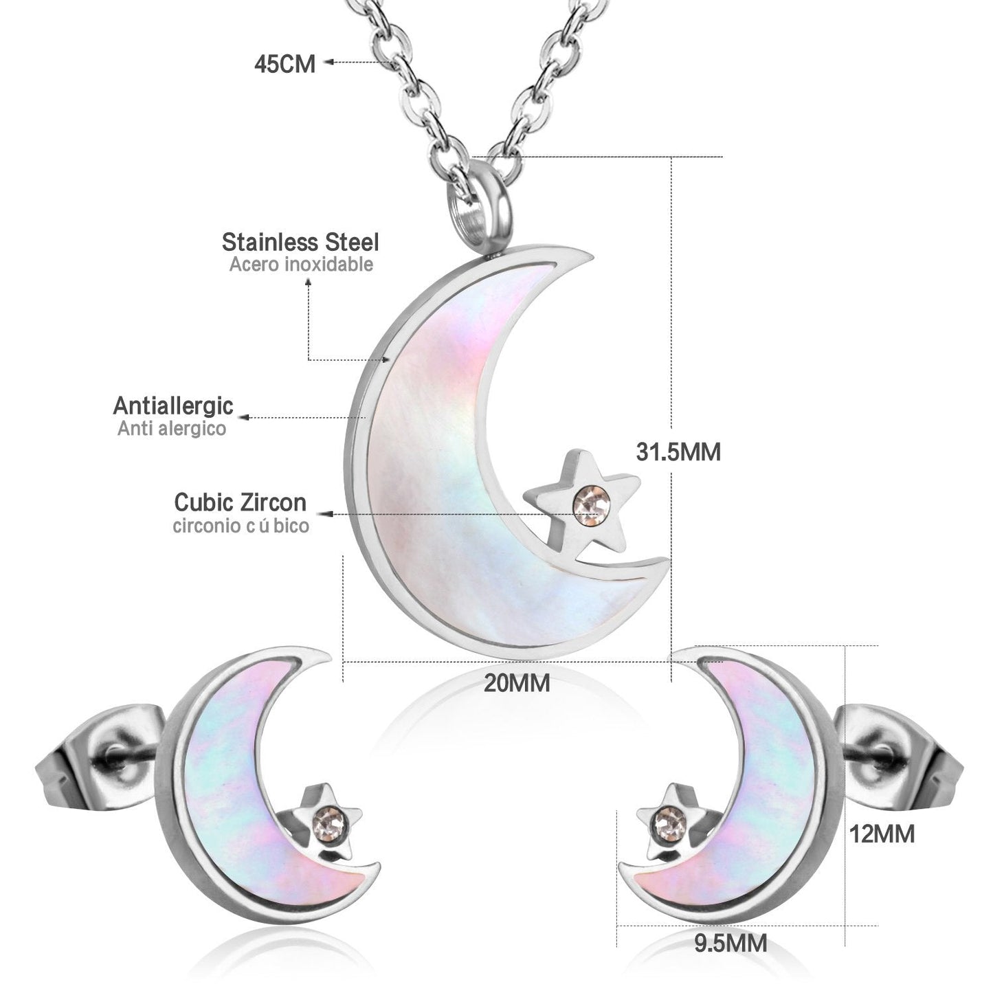 ASON Moon Star Shell 316L Stainless Steel Bridal Wedding Jewelry Sets for Women 2019 Necklace Pendant Small Stud Earring asonjewelry