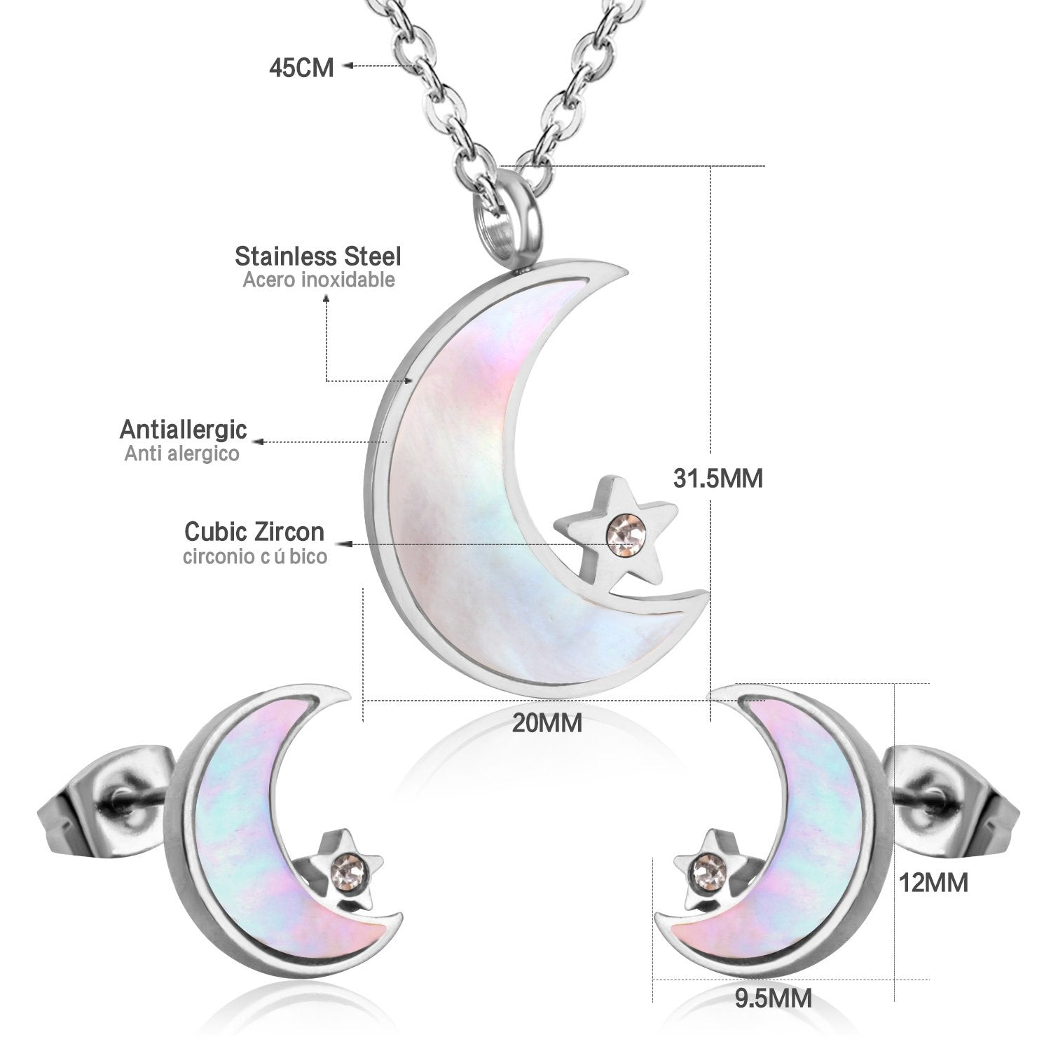 ASON Moon Star Shell 316L Stainless Steel Bridal Wedding Jewelry Sets for Women 2019 Necklace Pendant Small Stud Earring asonjewelry