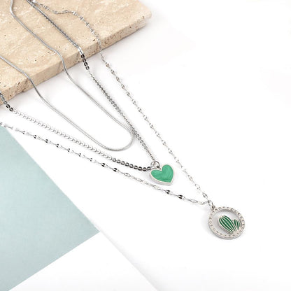 ASON Trendy Heart Cactus Accessories Multi-layer Chain Pendant Necklace Gold Color Stainless Steel For Women Jewelry Choker asonjewelry