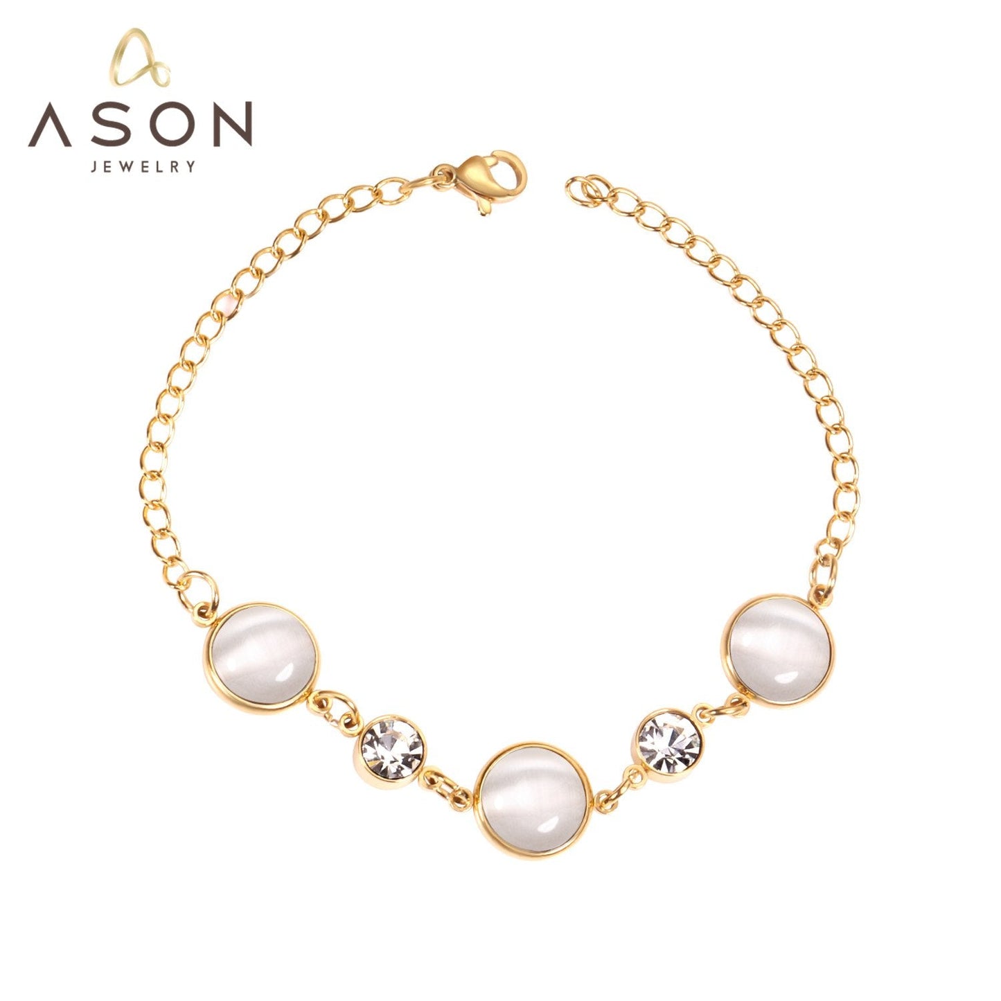 ASON Trendy Style Opals Shape With Cubic Zirconia Bracelets for Women Gold Stainless Steel 20cm Link Chain Bracelets asonjewelry