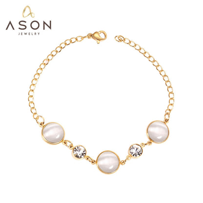 ASON Trendy Style Opals Shape With Cubic Zirconia Bracelets for Women Gold Stainless Steel 20cm Link Chain Bracelets asonjewelry