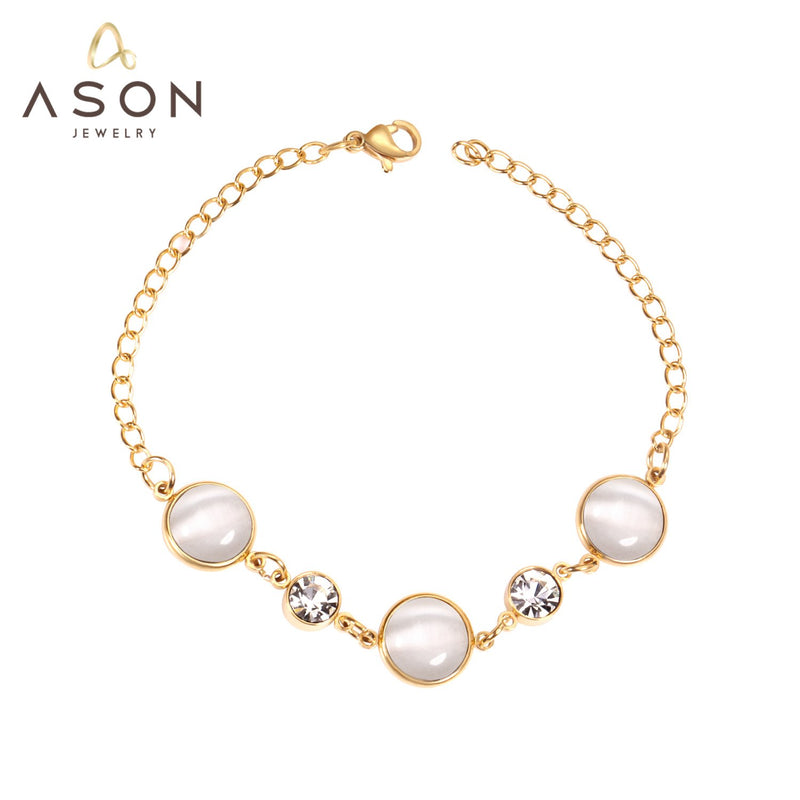ASON Trendy Style Opals Shape With Cubic Zirconia Bracelets for Women Gold Stainless Steel 20cm Link Chain Bracelets