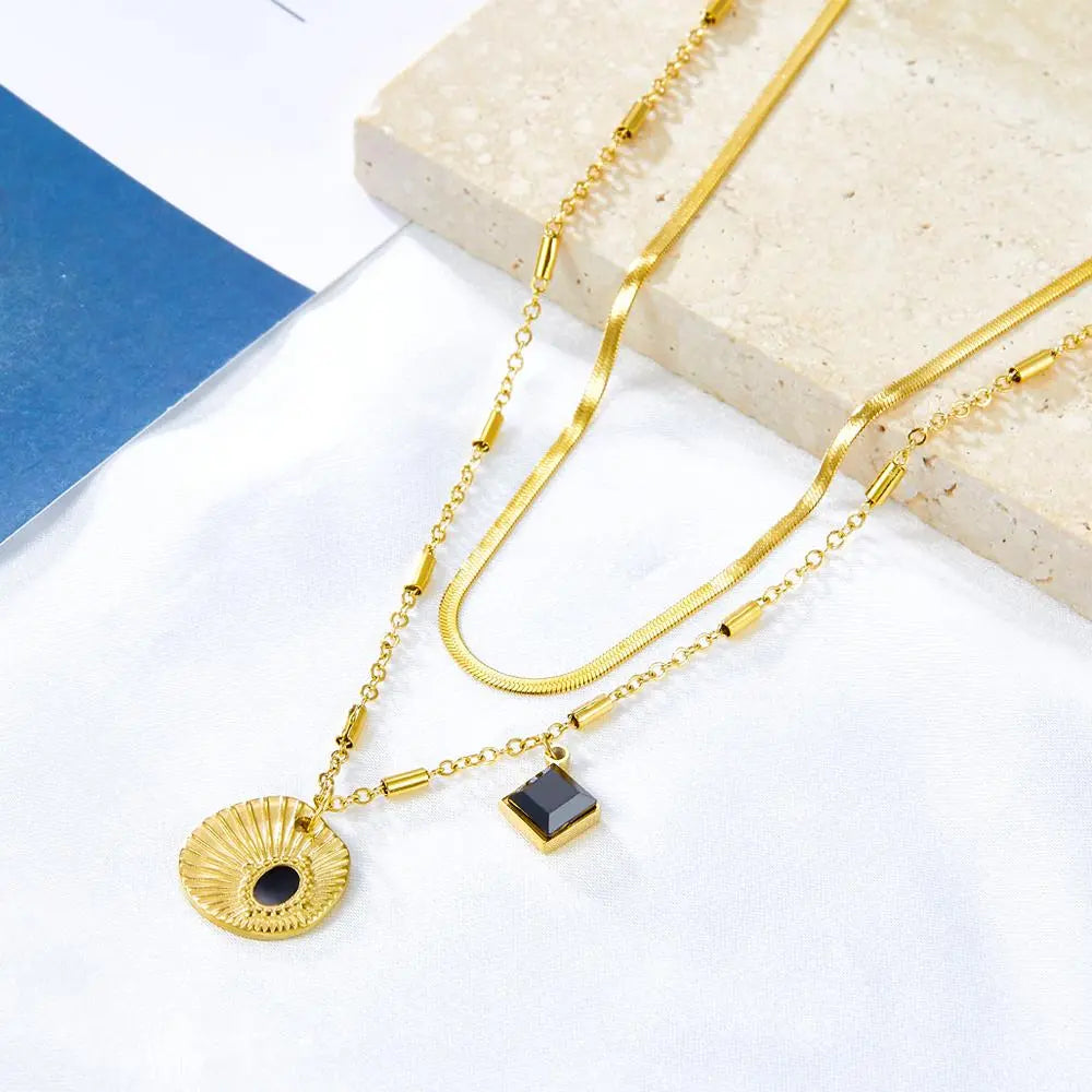 Chic Women Doulbe Layer Necklace Shell Black Drip Oil Charm Gold Color Stainless Steel Snake Chain For Girls asonjewelry
