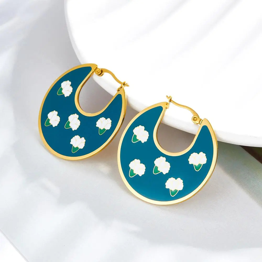 Unique Trendy Woman's Hoops Earrings Blue Acrylic Green Purple Earrings Hyperbole Jewelry Floral Circles Earrings asonjewelry