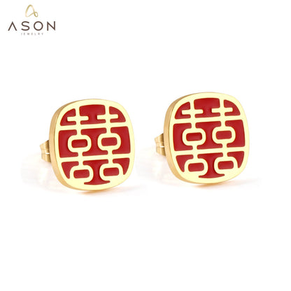 ASON Fashion Chinese Characters Stud Earrings Gold Color 316L Stainless Steel Lucky Word Earrings Women Wedding Jewelry asonjewelry