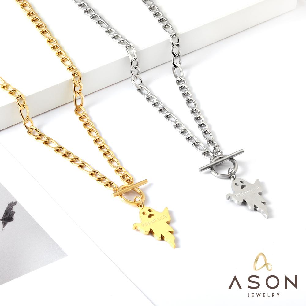 ASON Trendy Halloween Ghost Link Chain With OT Clasp Pendant Necklace Gold Color Stainless Steel For Women Men Jewelry Boho asonjewelry