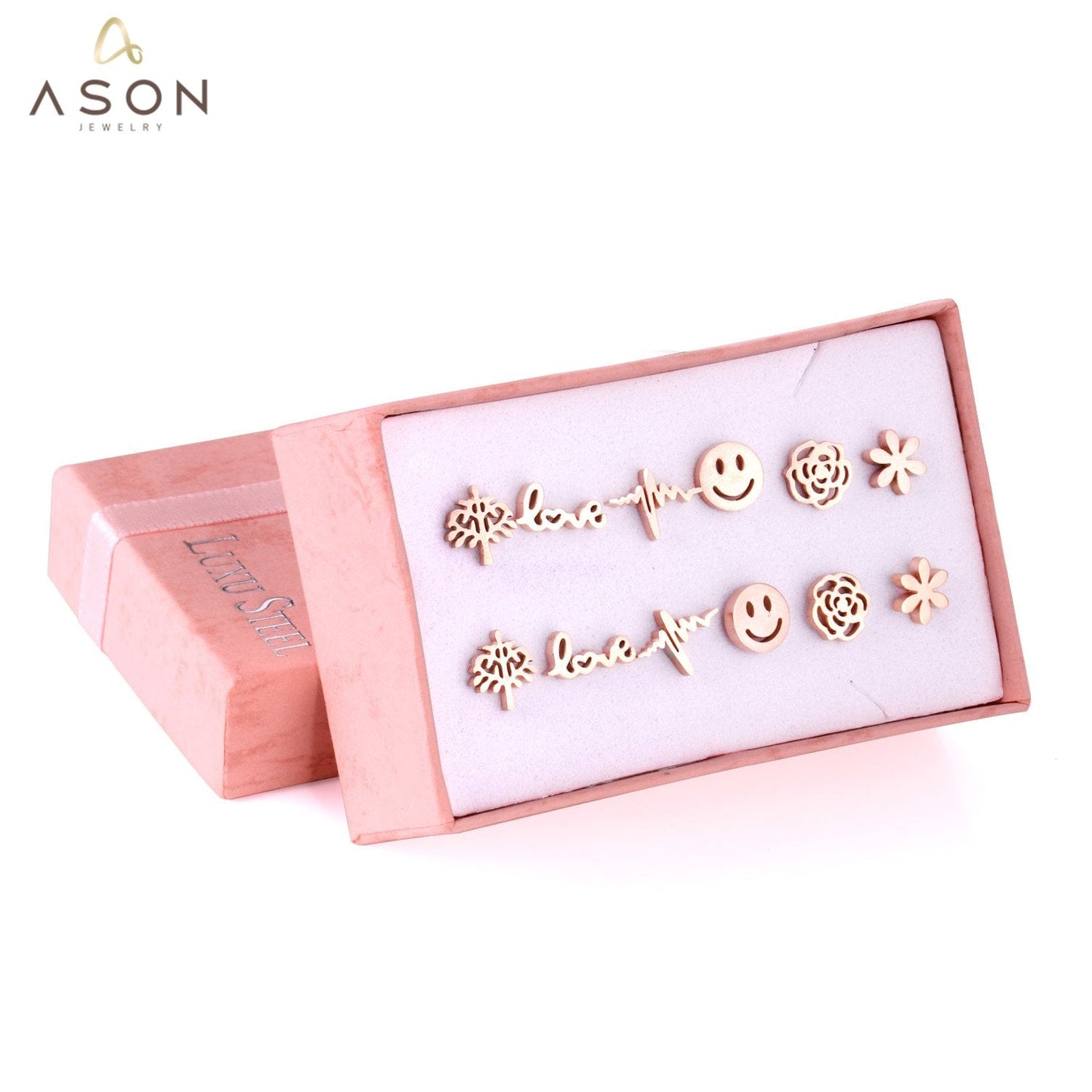 ASON Small Earrings Trendy Jewelry Rose Gold Color Flower Tree Smile Letter 6pairs/Box Stainless Steel Earrings Sets Party asonjewelry