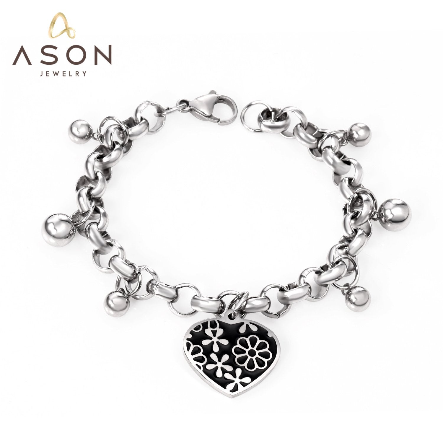 ASON Silver Color 316L Stainless Steel Bangle Heart Pendant Bracelet with Steel Ball Charm for Women Jewelry Party Gift asonjewelry