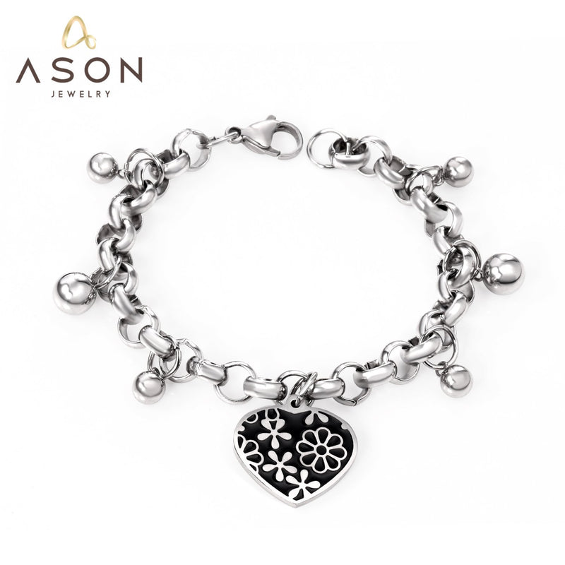 ASON Silver Color 316L Stainless Steel Bangle Heart Pendant Bracelet with Steel Ball Charm for Women Jewelry Party Gift