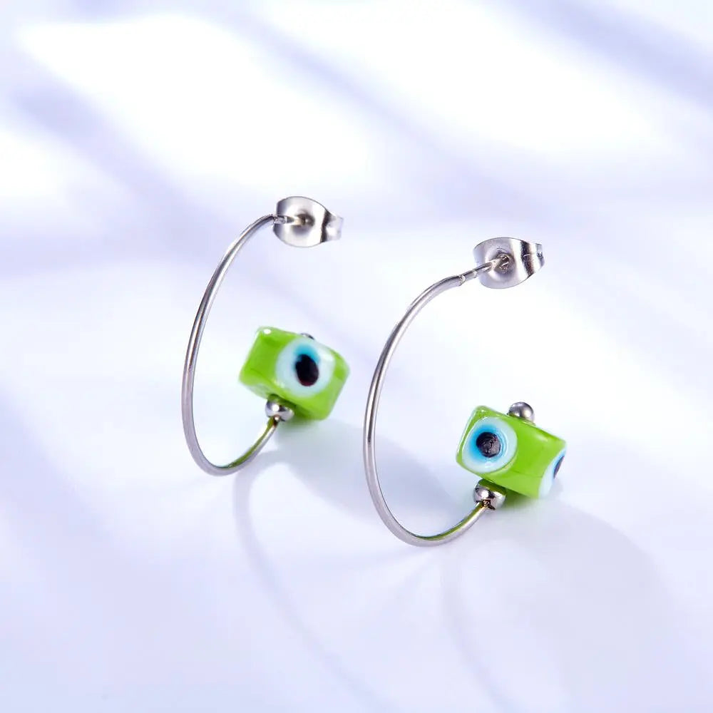 Brand Design Red Green Evil Eyes Charms Earrings Turkish Eyes For Woman Girls Half Round Earrings Hoop Pendientes asonjewelry