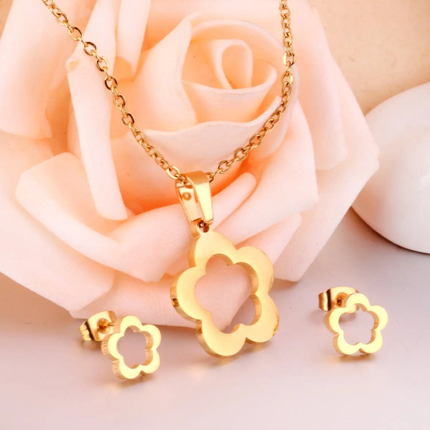 Flower Wedding Dubai African Jewelry Set Gold Pendant Necklace Earrings For Women Stainless Steel Jewelry Sets asonjewelry