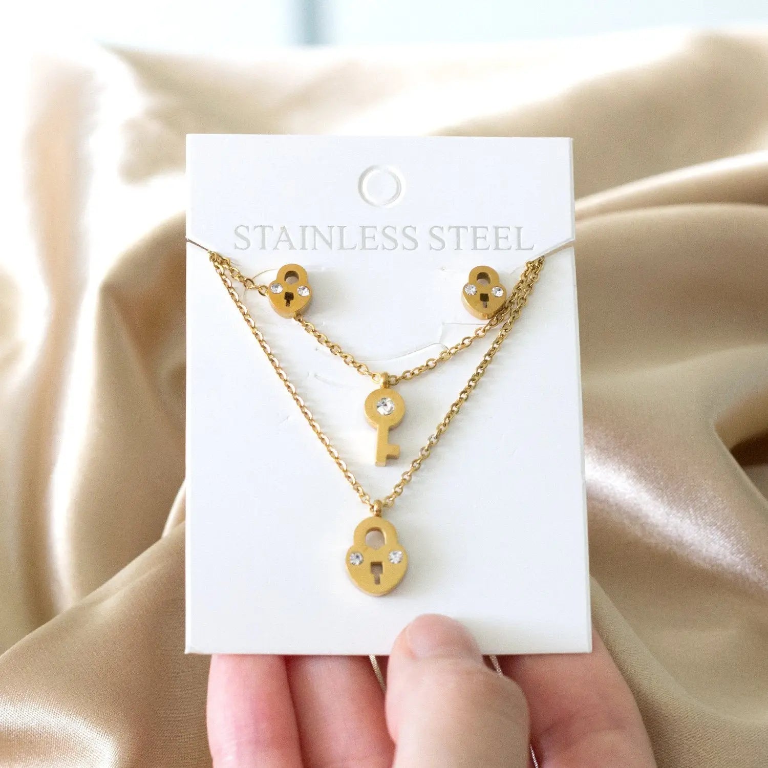 New Heart Lock With Key Earrings Pendant Necklace Sets Stainless Steel Wedding Jewellry Party Gift parures bijoux asonjewelry