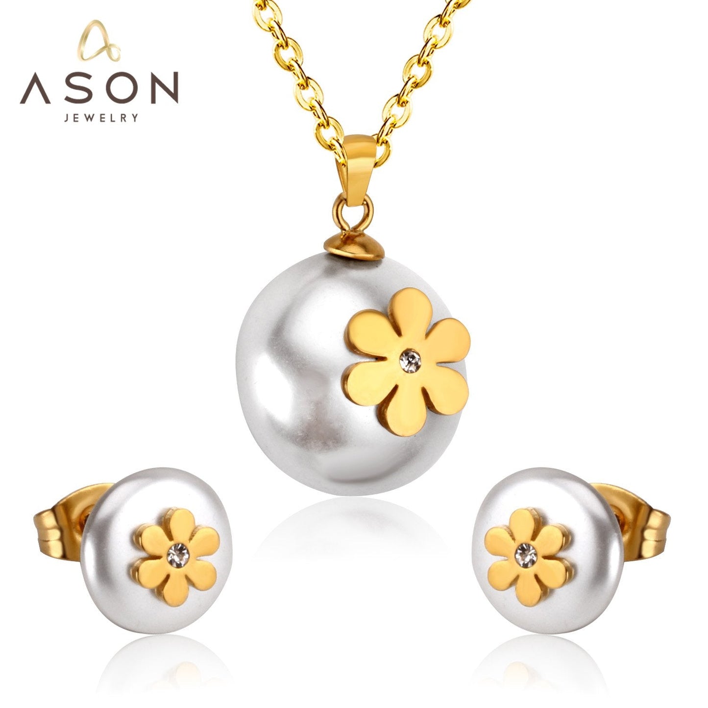 ASON Imitation Pearl Gold Bridal Wedding Jewelry Set for Women 316L Stainless Steel Necklace Pendant Small Stud Earring asonjewelry