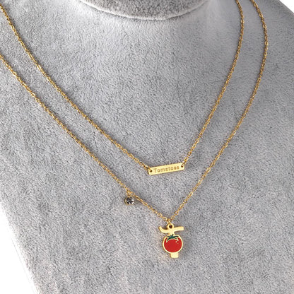 ASON Tomato Pendant Multi Layer Necklace Gold Color Stainless Steel Chain with Cubic Zirconia for Women Girl Fashion Gift asonjewelry