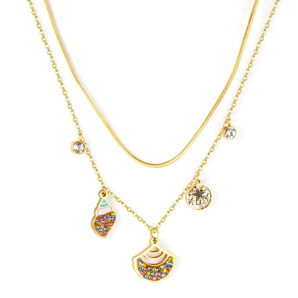 Popular Fan Shape Conch Double Chain Mix Cubic Zirconia Pendant Necklaces For Women Party Jewelry Parts choker asonjewelry