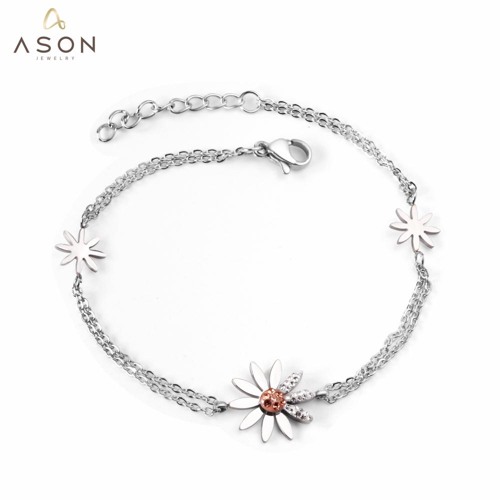 ASON Trendy Silver Color Stainless Steel 18+3 cm Daisy Cubic Zirconia Accessory Bracelets For Women Daily Wear Jewelry asonjewelry