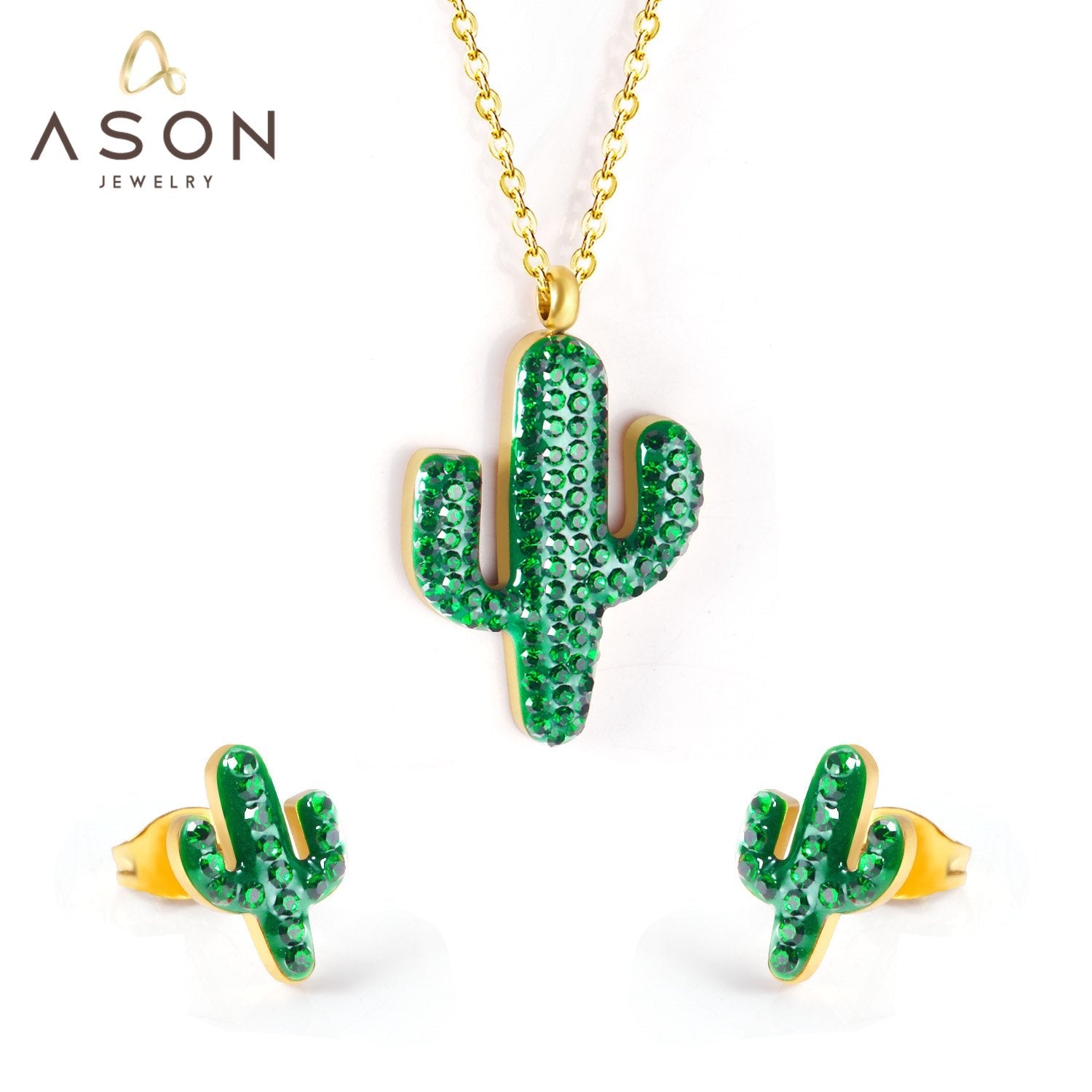 ASON Gold Color Stainless Steel Cactus Necklace and Earrings Jewelry Set with Green Rhinestone for Women Accessory Jewelry asonjewelry