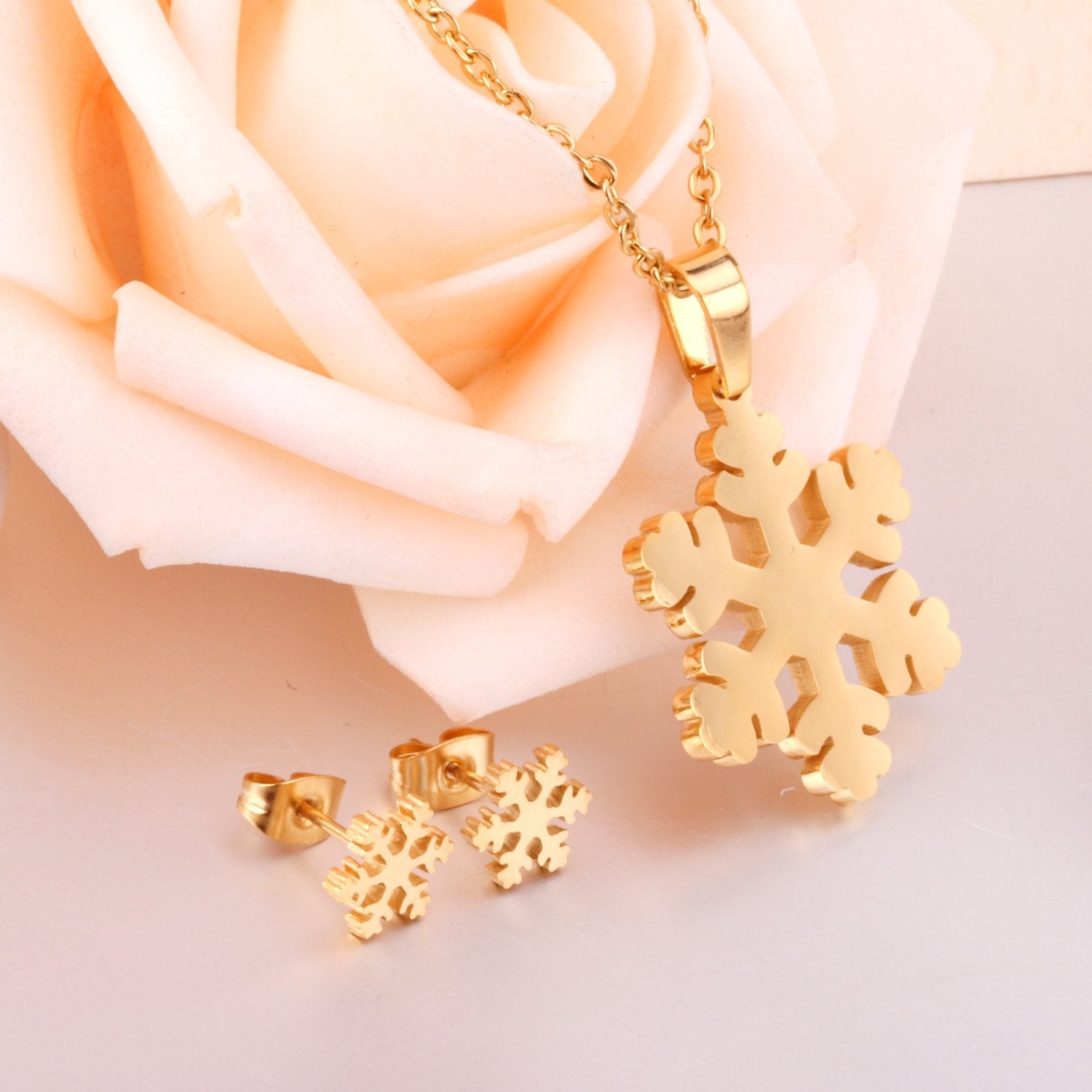 ASON Snowflake Pendant Necklace Female Accessories Stainless Steel Gold Color Cute Stud Earring Fashion Jewelry Party Gift asonjewelry
