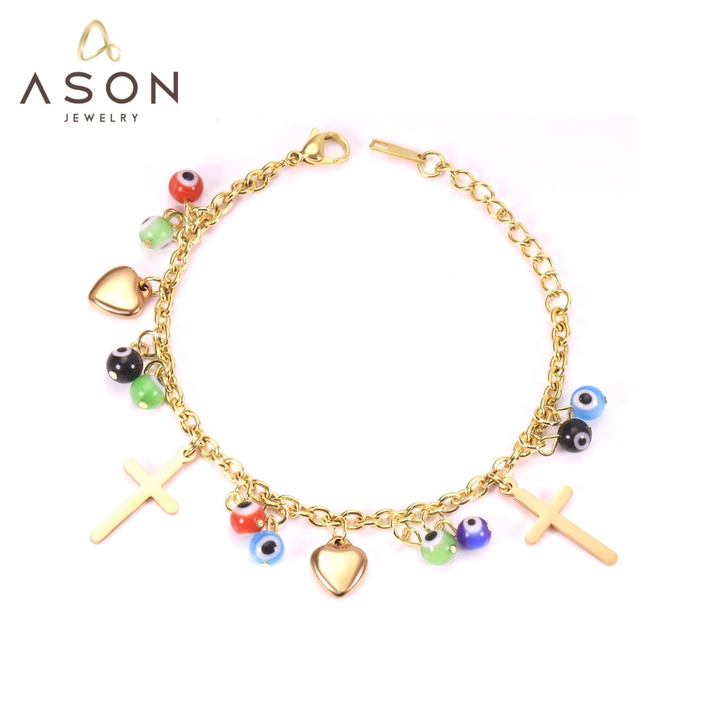 ASON Fashion Pendants Cross Eyes Heart Bracelets Gold Color Stainless Steel Link Chain Bracelet for Women Bohemia Jewelry asonjewelry