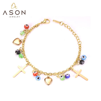 ASON Fashion Pendants Cross Eyes Heart Bracelets Gold Color Stainless Steel Link Chain Bracelet for Women Bohemia Jewelry asonjewelry