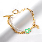 ASON Trendy Musical Notes and Guitar Charm Bracelet Gold Color Stainless Steel Bangle 18cm for Women Men Party Gift Jewelry