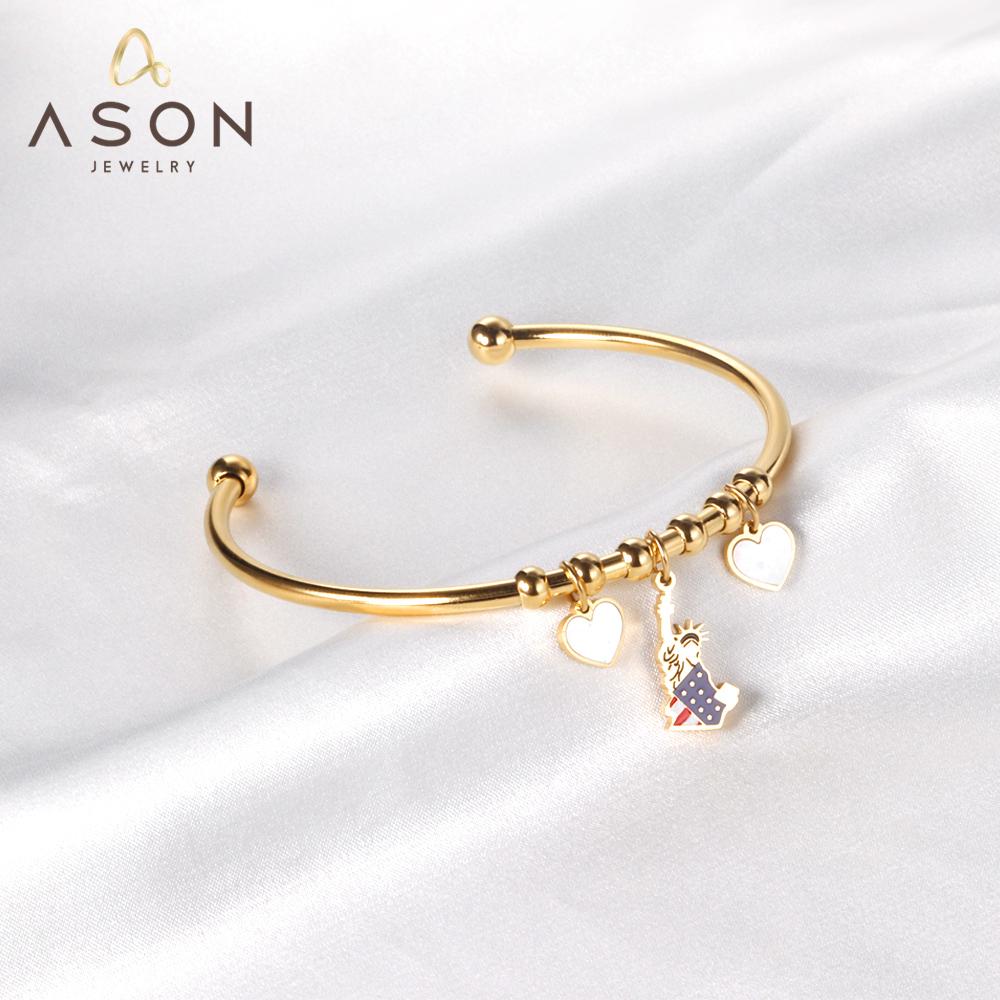 ASON Fashion Gold Color Heart with Shell Charm Stainless Steel Bracelet Open Bangle Jewelry Accessory for Women Party Gift asonjewelry