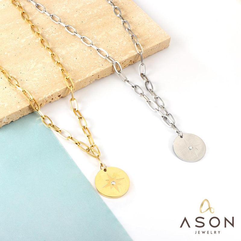 ASON Trendy Round Charm Luck Star Pendant Necklace Chains Gold Color Stainless Steel For Women Jewelry Chokers Simple Style