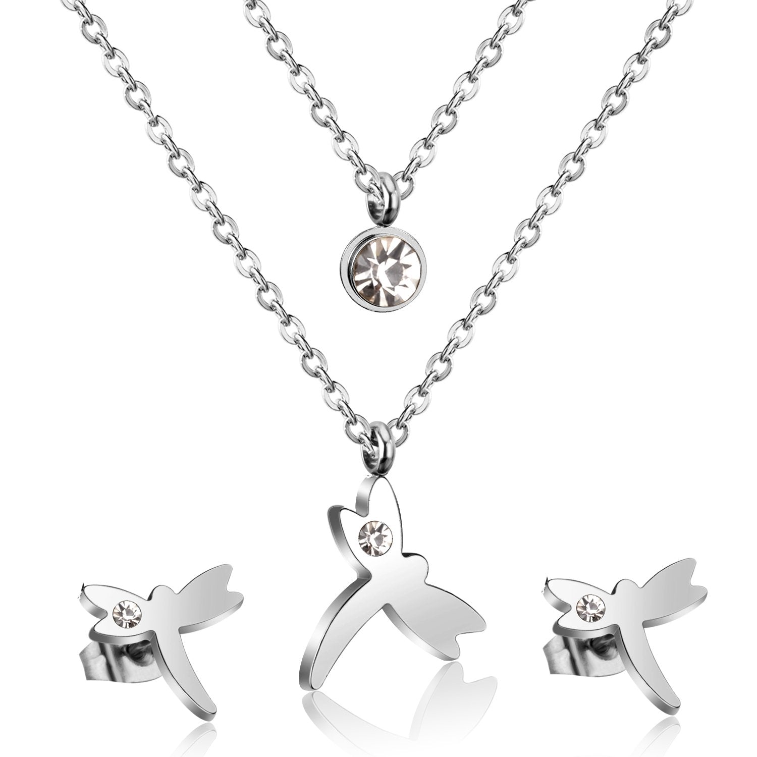 ASON Fashion 316L Stainless Steel Gold Bridal Wedding Jewelry Set for Women Dragonfly Necklace Pendant Small Stud Earring asonjewelry