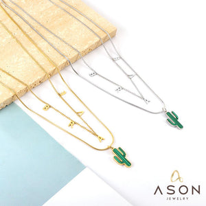 ASON-collar con colgante de Cactus Vintage para mujer, accesorios de letras, cadena multicapa, Color dorado, acero inoxidable, para fiesta