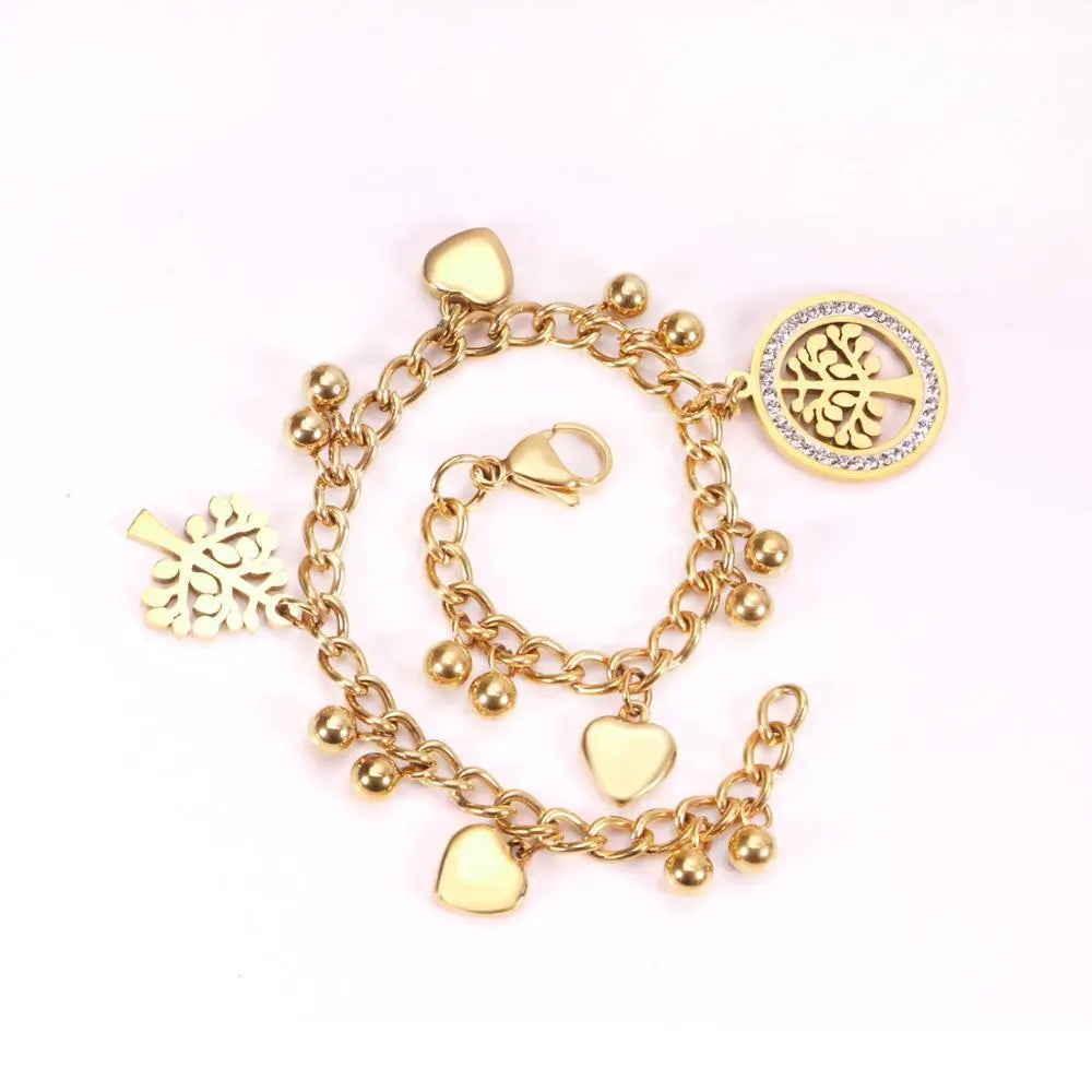 Gold Chain Bracelets Tree Heart Charms Stainless Steel Bracelet For Women/Girl Femme Round Trees Jewelry pulseras asonjewelry