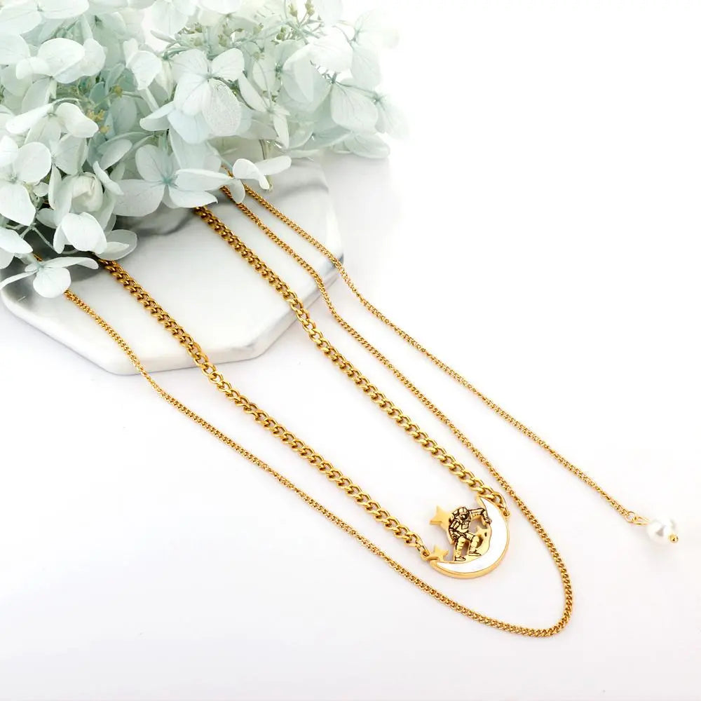 Moon With Cute Astronaut Design Elegant Chain With Imiatation Pearl Double Layer Jewelry On Neck Statement Collier asonjewelry