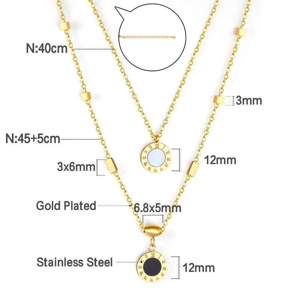 New Design Romantic Double Pendant Necklace For Women Design Roman Numerals Trendy Black And White Shell Collier asonjewelry