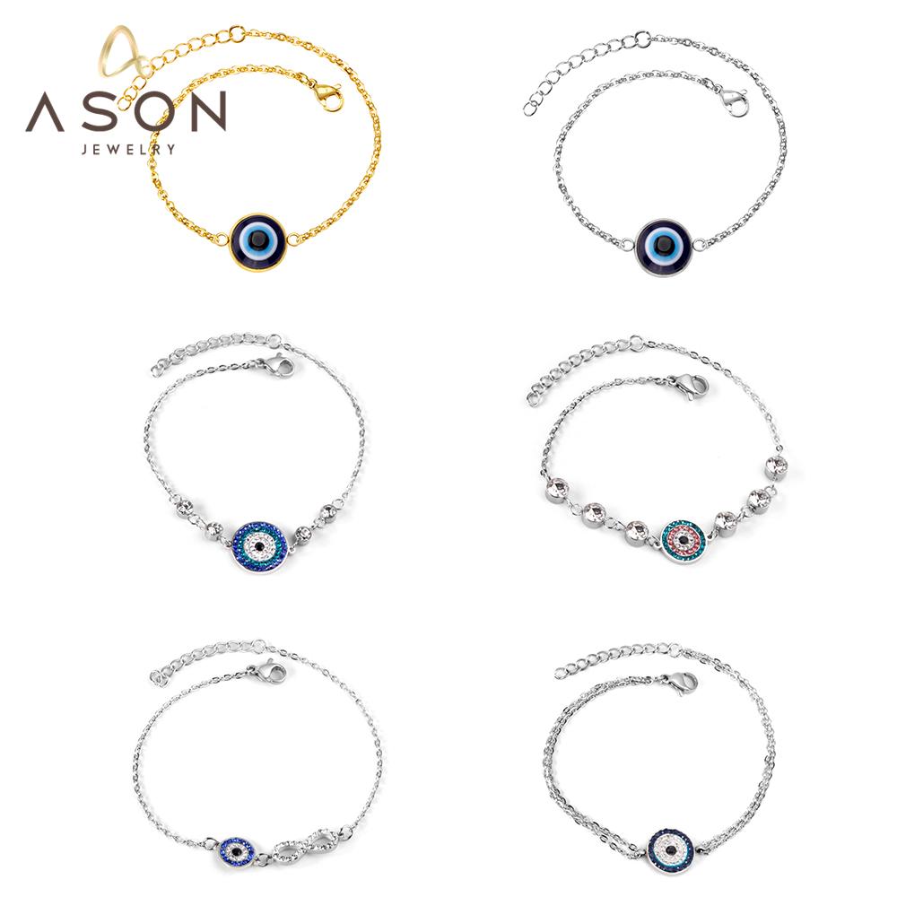ASON Gold Color Stainless Steel Blue Eye Cubic Zirconia Anti-allergy Chain Bracelets Bangle For Women Men Fashion Jewelry asonjewelry