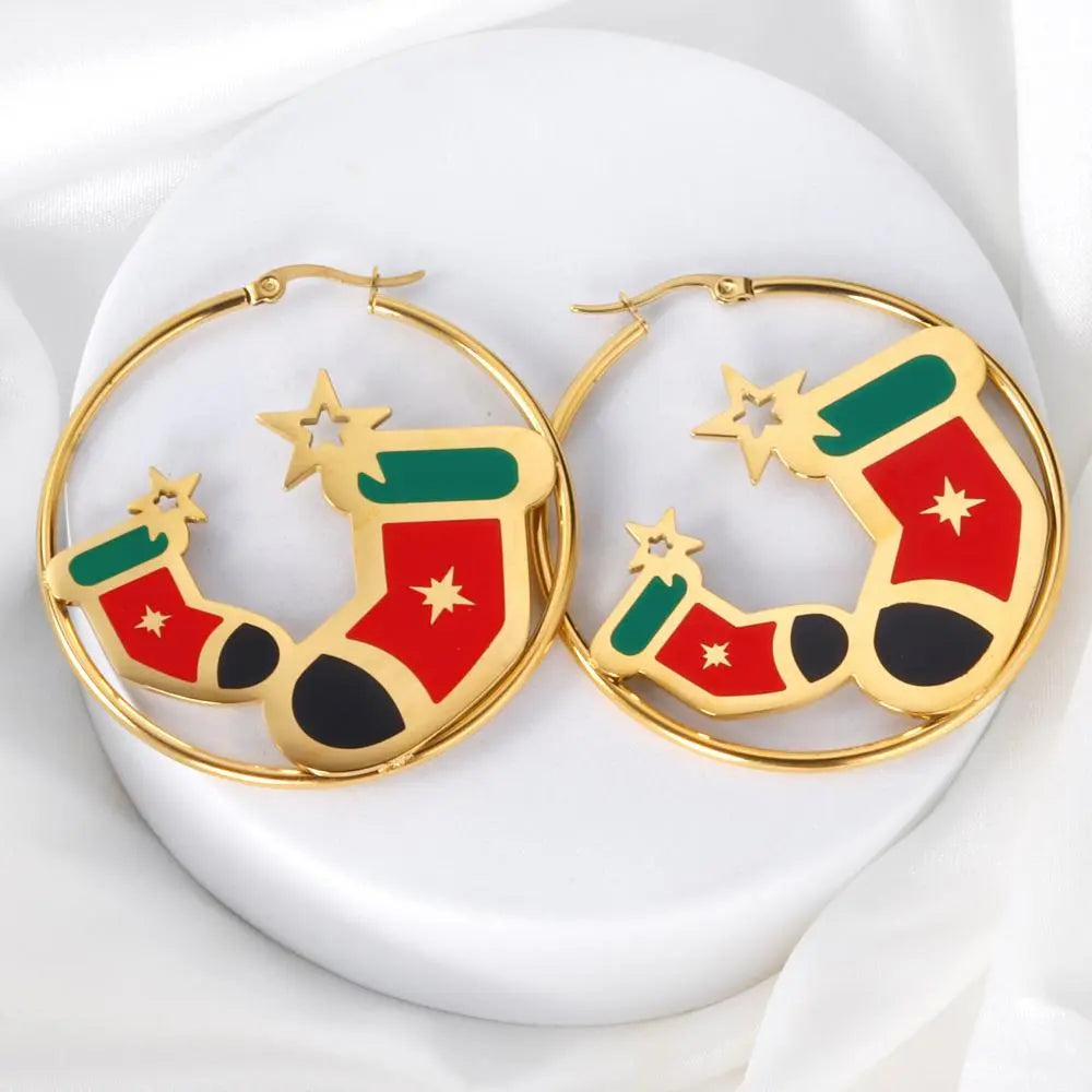 Santa Circle Big Hoop Earrings For Christmas Cute Christmas Tree Stocking Canes Jingle Bell Charm Earrings Trendy asonjewelry