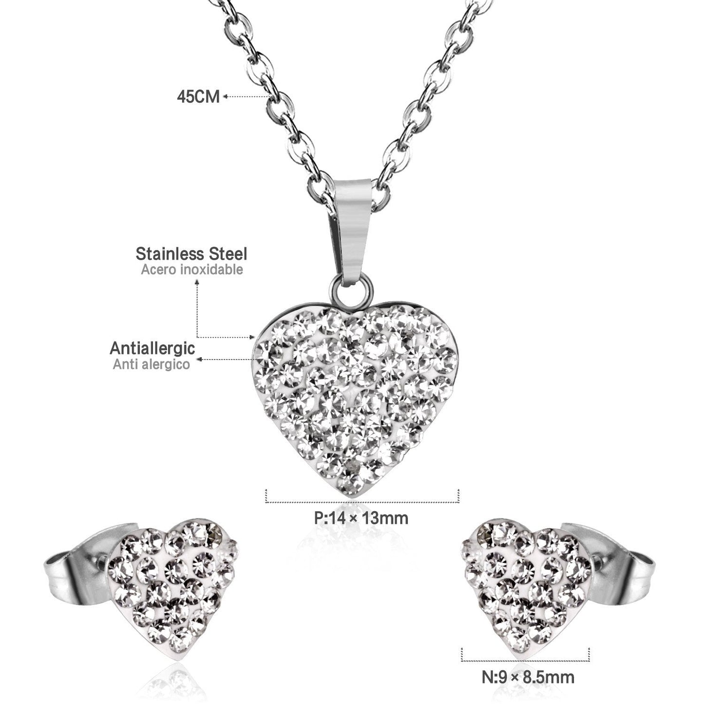 ASON Love's Heart Cubic Zirconia Pendant Necklace Earring Fashion Party Wedding Accessories Stainless Steel Necklaces asonjewelry