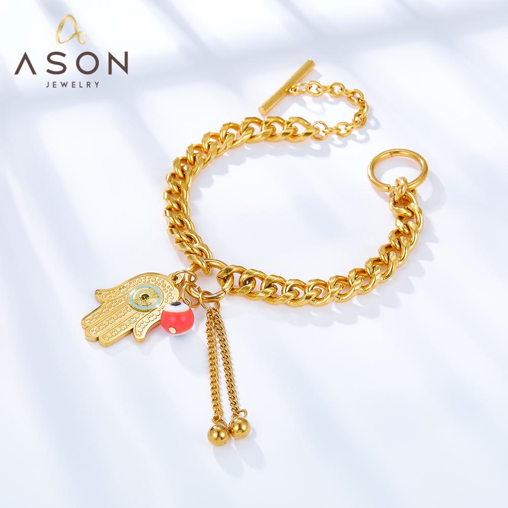 ASON Hand And Red Eye Shape Accessries With Beads Link Chians Bracelet Gold Color Stainless Steel For Women Summer Jewelry asonjewelry