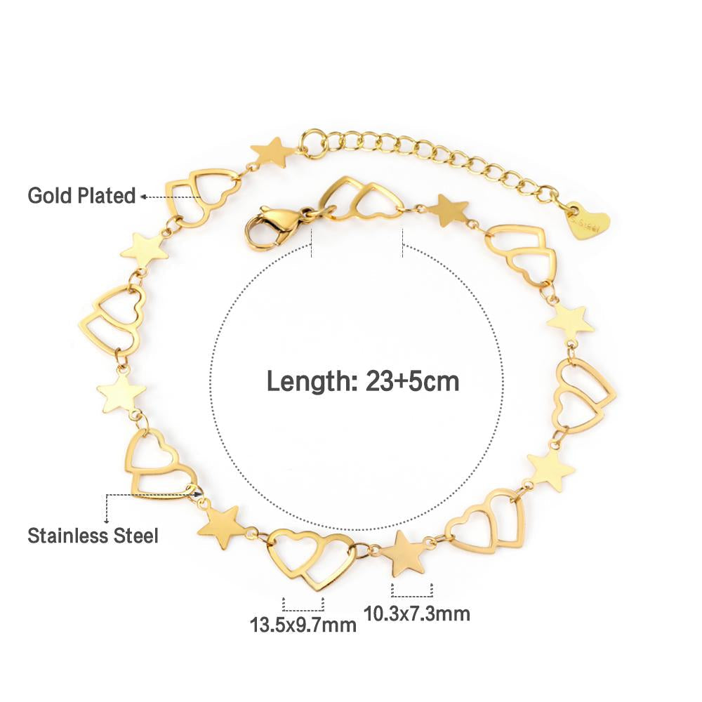 ASON 316L Stainless Steel Heart and Star Charm Anklet Lovely Foot Chain Beach Jewelry for Women with Extender 23+5cm asonjewelry