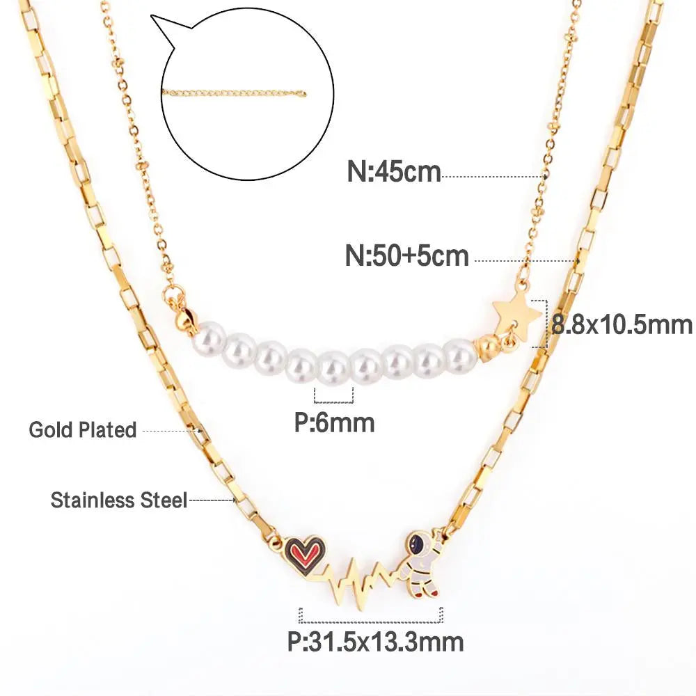 Vintage Necklace Collars Heart Star Astronaut Pendants Layers Jewelry No Fade Box Chains Necklace Female Party asonjewelry